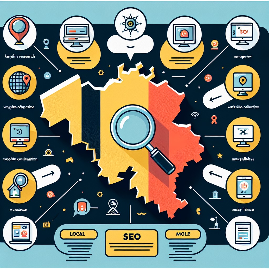 Tableau illustrant les différents aspects du SEO local avec un focus sur la carte de la Belgique.