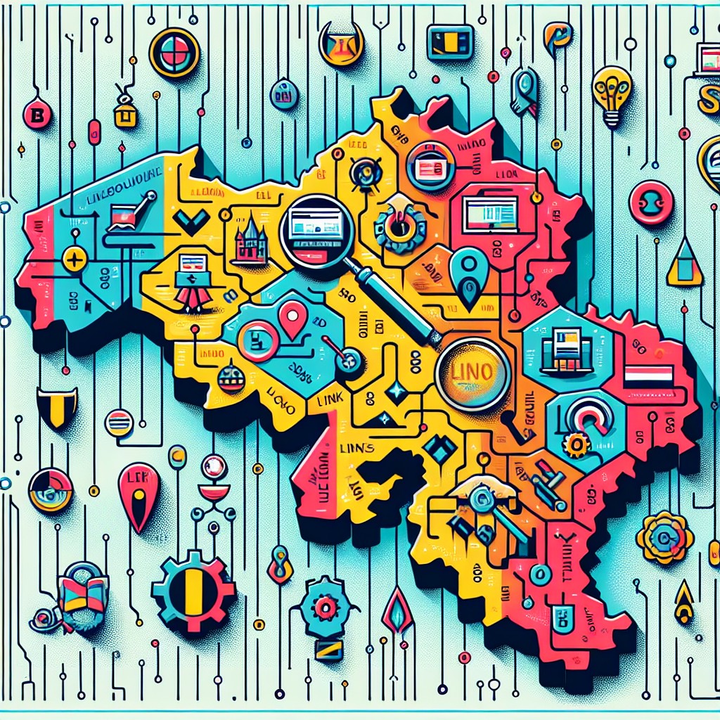 Carte de la Belgique illustrant ses diverses régions linguistiques avec des icônes digitales représentant le SEO et les stratégies de liens.