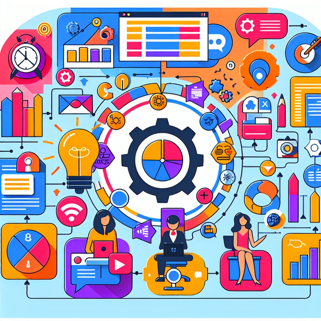 Un graphique coloré représentant une stratégie de contenu numérique avec divers éléments comme SEO, réseaux sociaux, et formats variés.