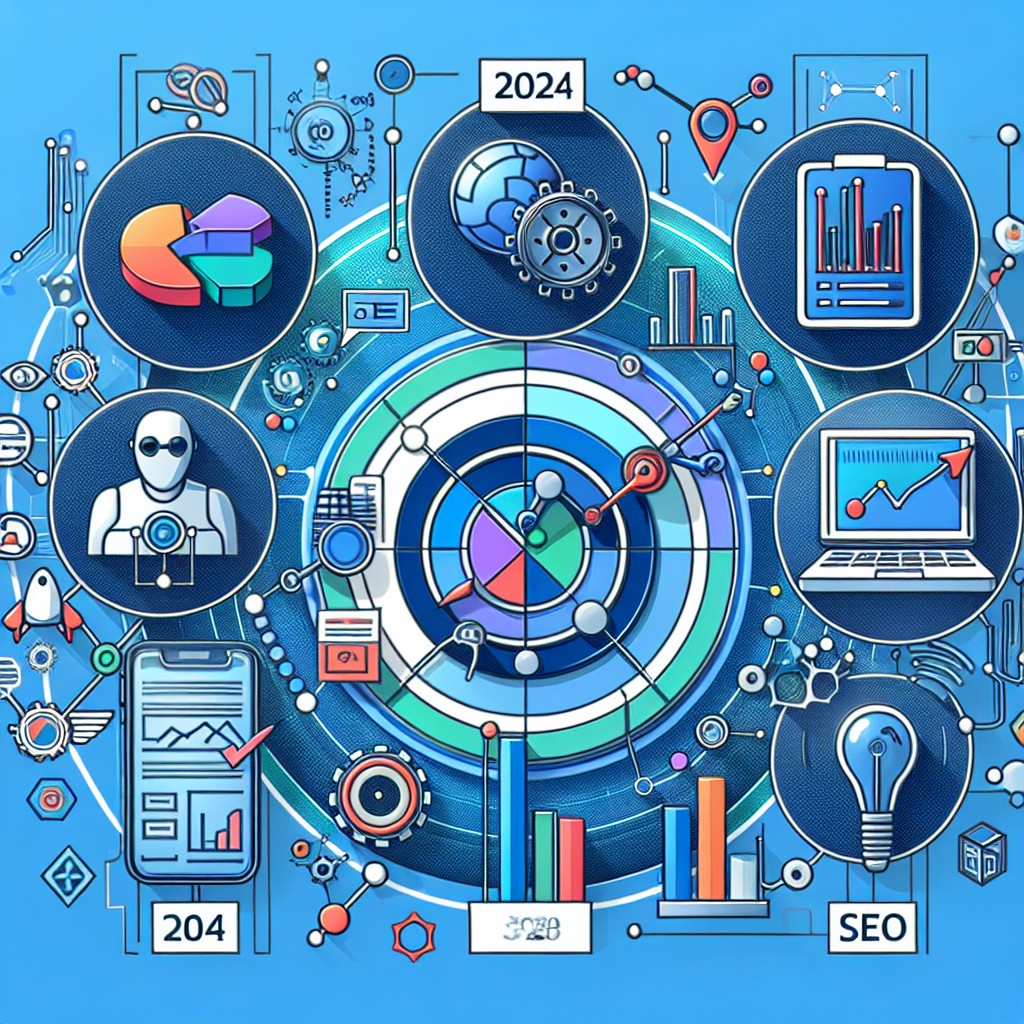 Un graphique illustrant l'essor du marketing de contenu digital en 2024, incluant des éléments comme l'intelligence artificielle, la réalité augmentée, et le SEO.