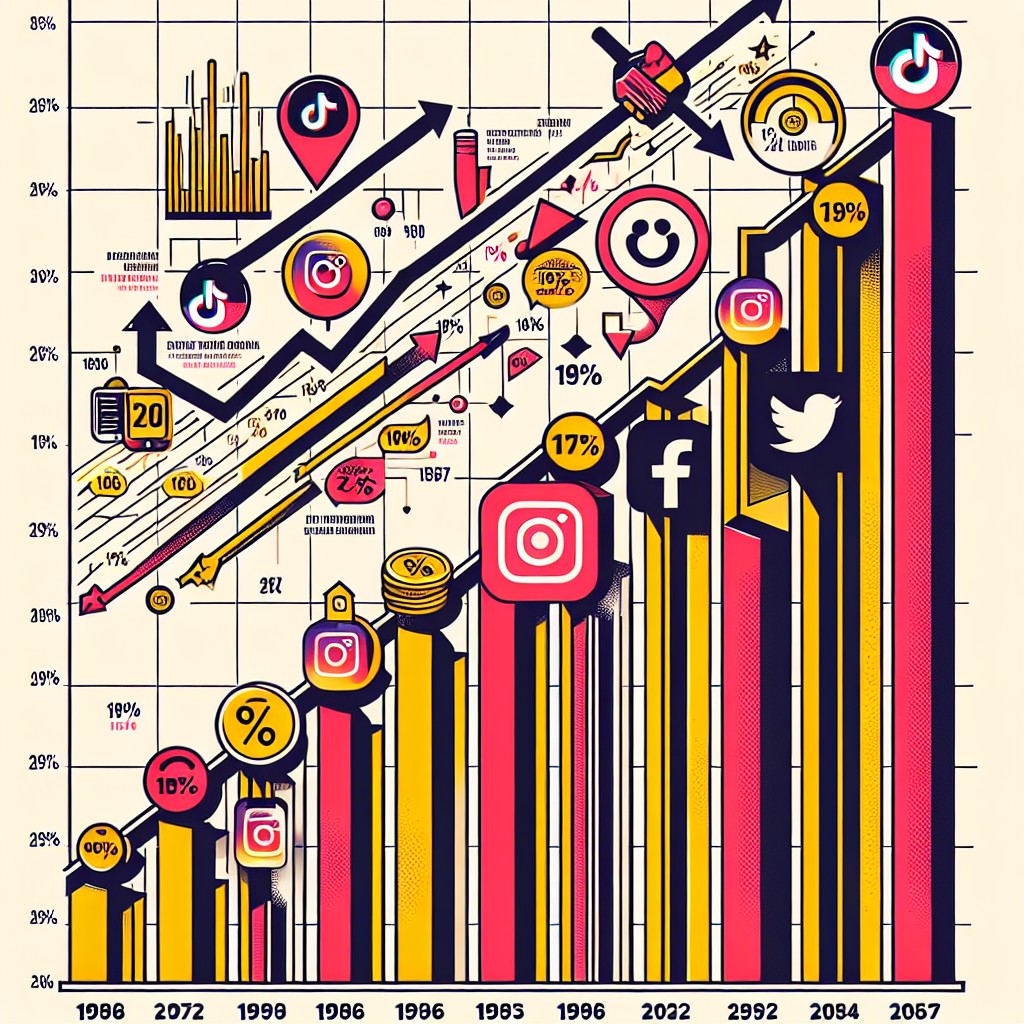 Graphique illustrant l'évolution de l'utilisation des réseaux sociaux en Belgique avec logos de TikTok, Facebook, et Instagram