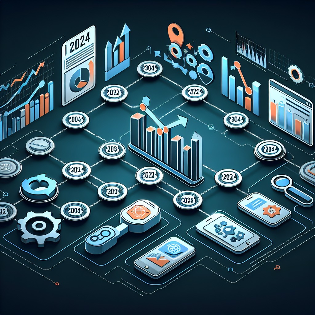 Image représentant les différentes stratégies de netlinking en 2024, telles que des icônes de backlinks, des graphiques de performance, et des outils d'analyse SEO.