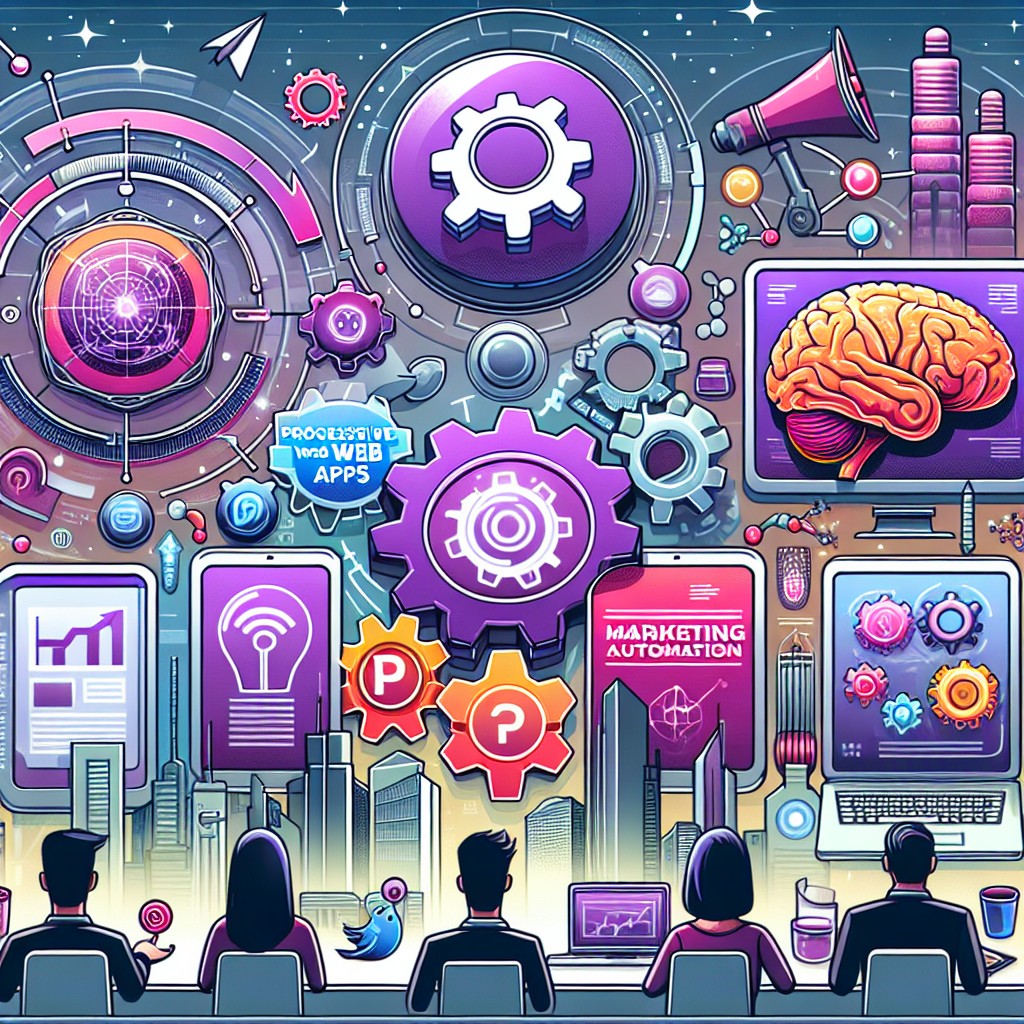 Une illustration mettant en avant les tendances digitales de 2024 avec des éléments comme les PWA, l'automatisation marketing, et le machine learning.