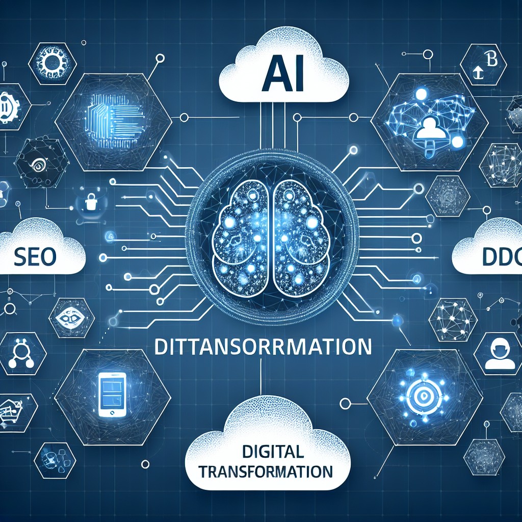 Image de couverture illustrant la transformation digitale avec des éléments d'IA, de cloud computing et de marketing digital.