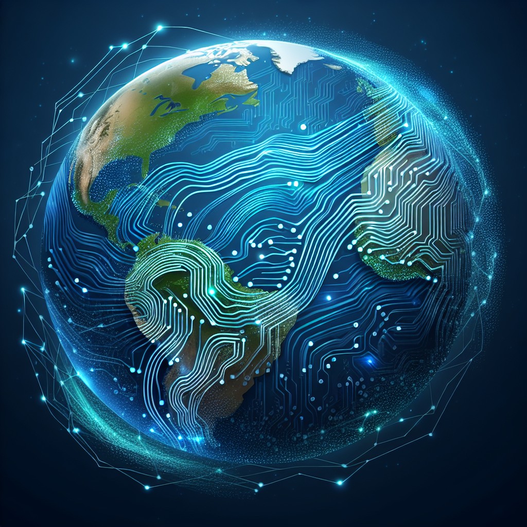 Illustration d'un globe avec des circuits numériques submergés, symbolisant la fusion de la technologie et de la durabilité.