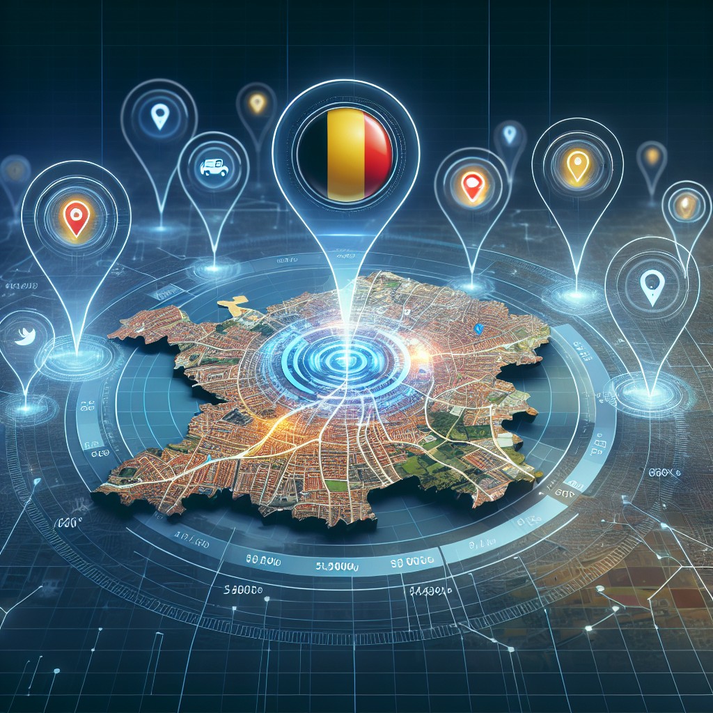 Une image captivante illustrant le dynamisme du SEO local en Belgique avec des icônes de localisation sur une carte digitale.