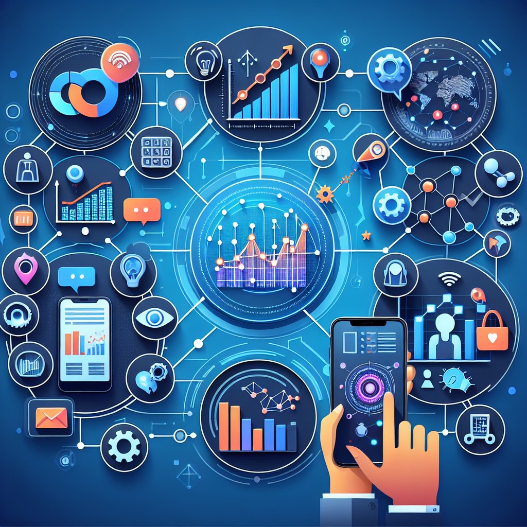 Illustration montrant des icônes technologiques représentant l'automatisation dans le marketing, avec des graphiques de croissance et des interactions digitales.