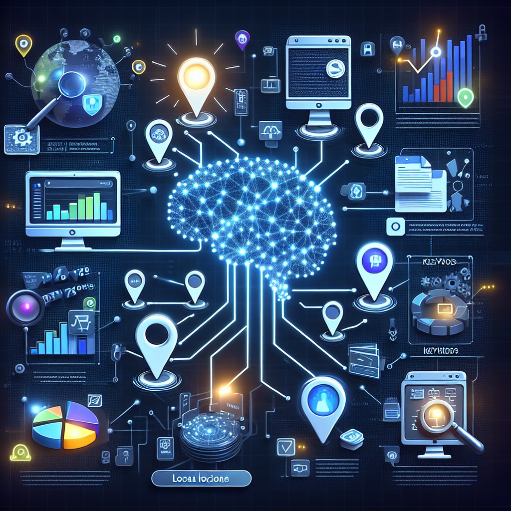 Image de couverture représentant une interaction entre l'intelligence artificielle et le référencement local, illustrant des outils techs et des graphiques de données.