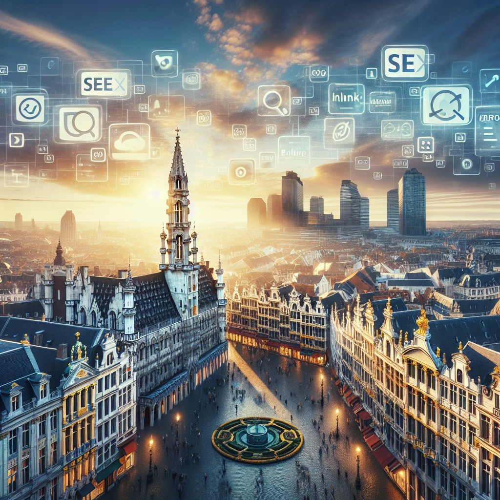 Vue de Bruxelles avec éléments d'optimisation SEO en arrière-plan