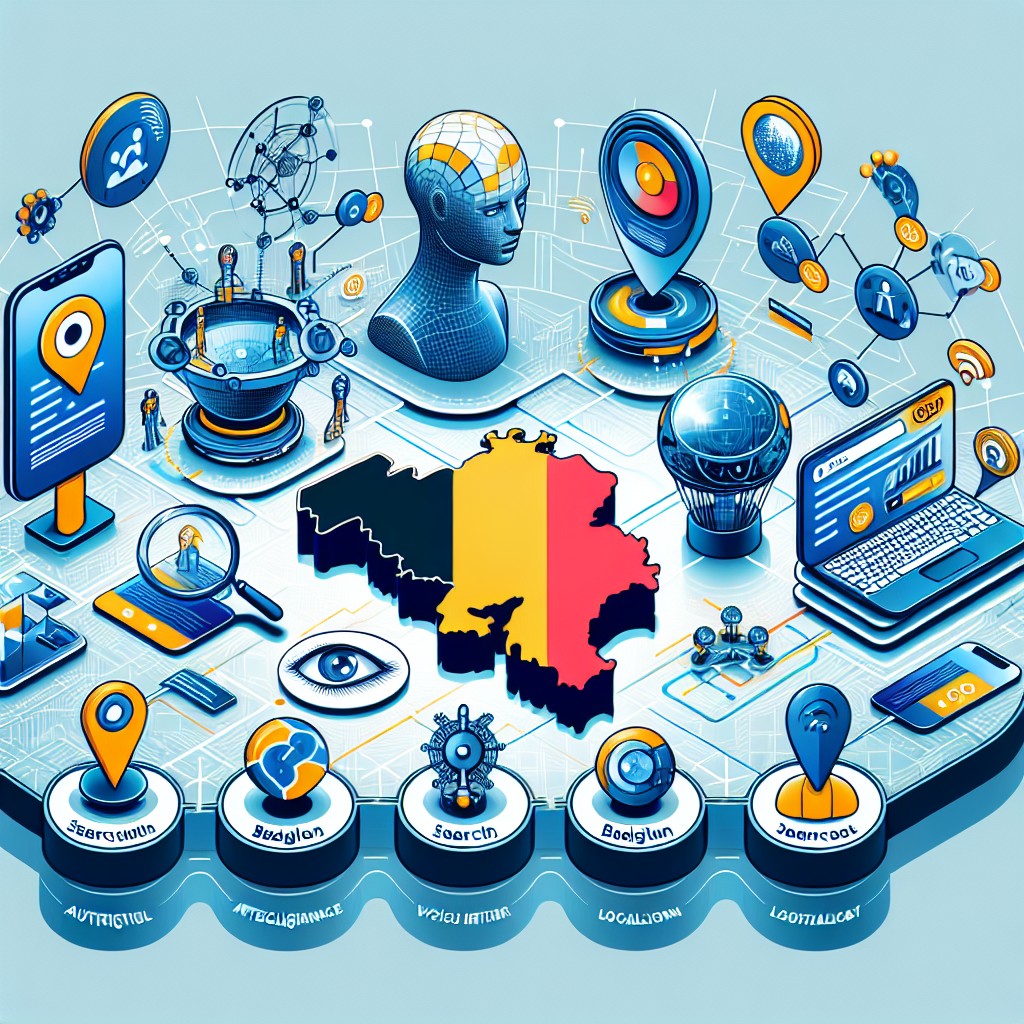 Vue d'ensemble des pratiques SEO en Belgique pour l'année 2024, illustrant des éléments clés comme l'intelligence artificielle, les recherches vocales et la localisation du contenu.