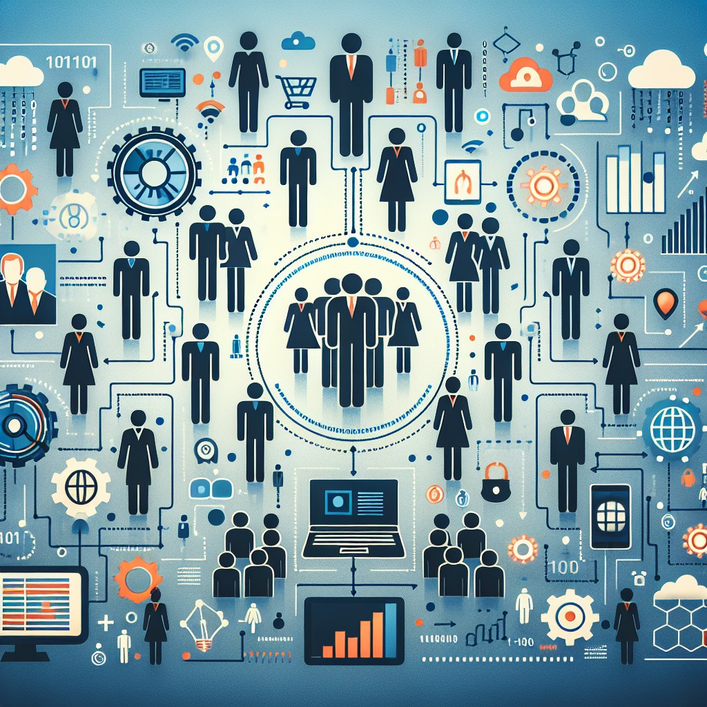 Image représentant la convergence de la technologie et des ressources humaines, symbolisée par des icônes de données numériques et de personnes travaillant ensemble.