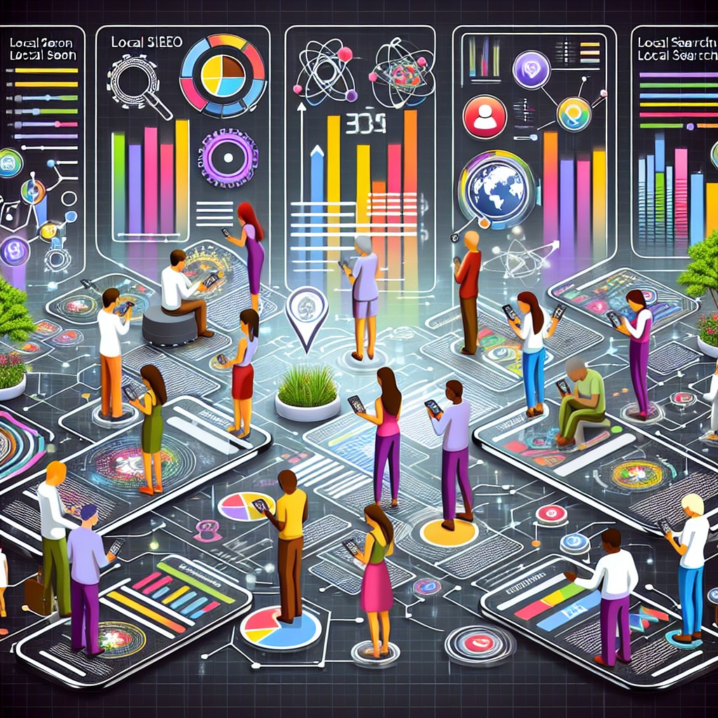 Graphique illustrant l'évolution du SEO local en 2024 avec des technologies avancées et des personnes utilisant des appareils mobiles pour des recherches locales