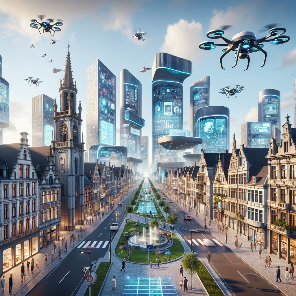 Image d'une ville belge futuriste avec des éléments technologiques et numériques intégrés.