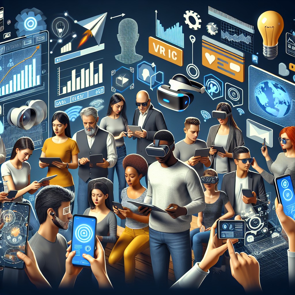 Image de couverture montrant des tendances marketing numériques avec des éléments technologiques modernes et des consommateurs engagés.