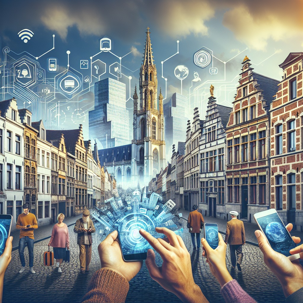 Une image représentant la transformation numérique en Belgique, montrant des éléments comme des smartphones, la connectivité internet, et l'essor des technologies modernes.