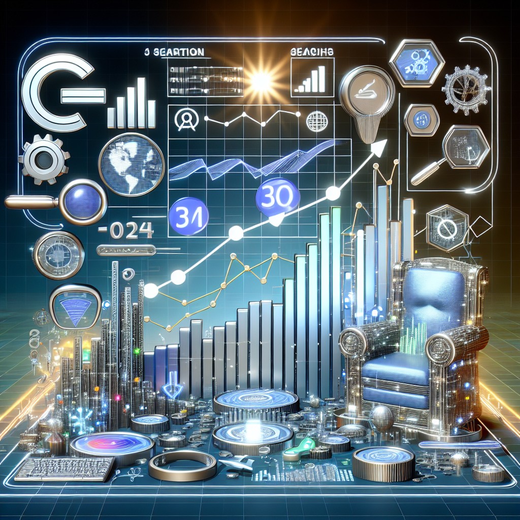 Image illustrant l'évolution et la complexité croissante du SEO en 2024, mettant en avant des graphiques, des moteurs de recherche et des éléments technologiques.