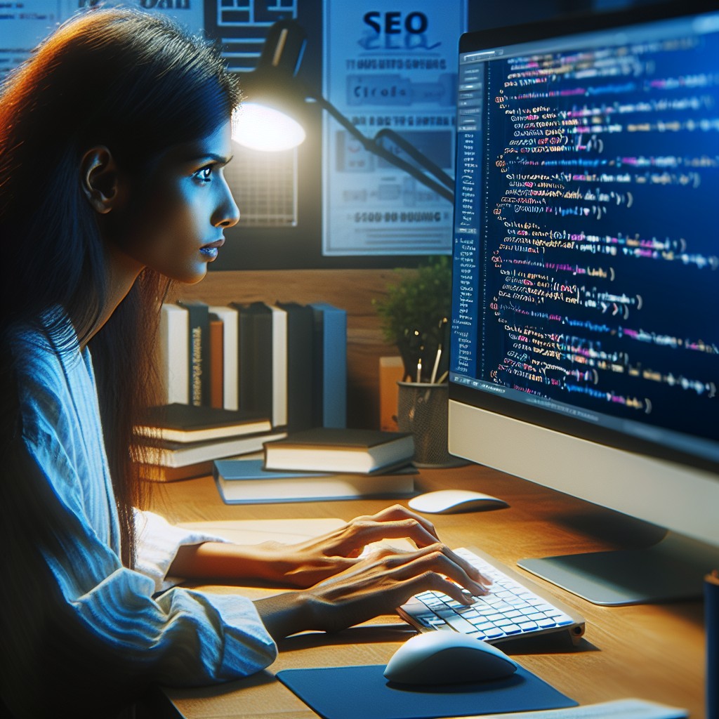 Un développeur travaillant sur des balises HTML sur un écran d'ordinateur, symbolisant l'importance du SEO.
