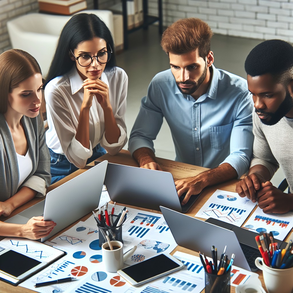 Personnes travaillant en équipe sur des stratégies de webmarketing numériques, avec des ordinateurs portables et des graphiques.