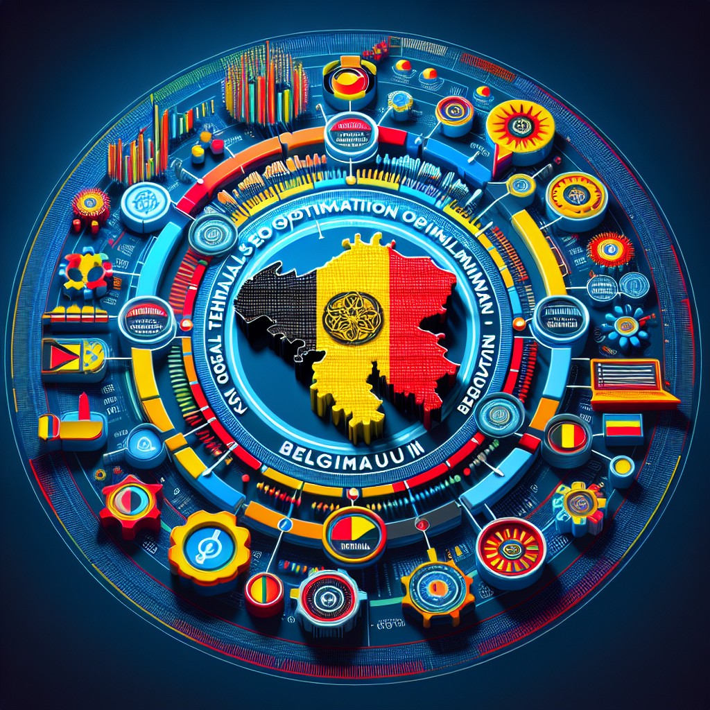 Graphique vibrant illustrant l'optimisation SEO technique sur le marché belge, mettant en relief la diversité linguistique et les spécificités culturelles de la Belgique.