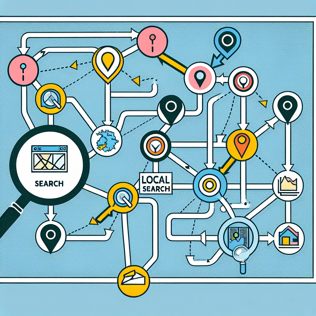 Une illustration montrant la progression des recherches locales avec des éléments de cartographie et de points d'intérêts locaux.