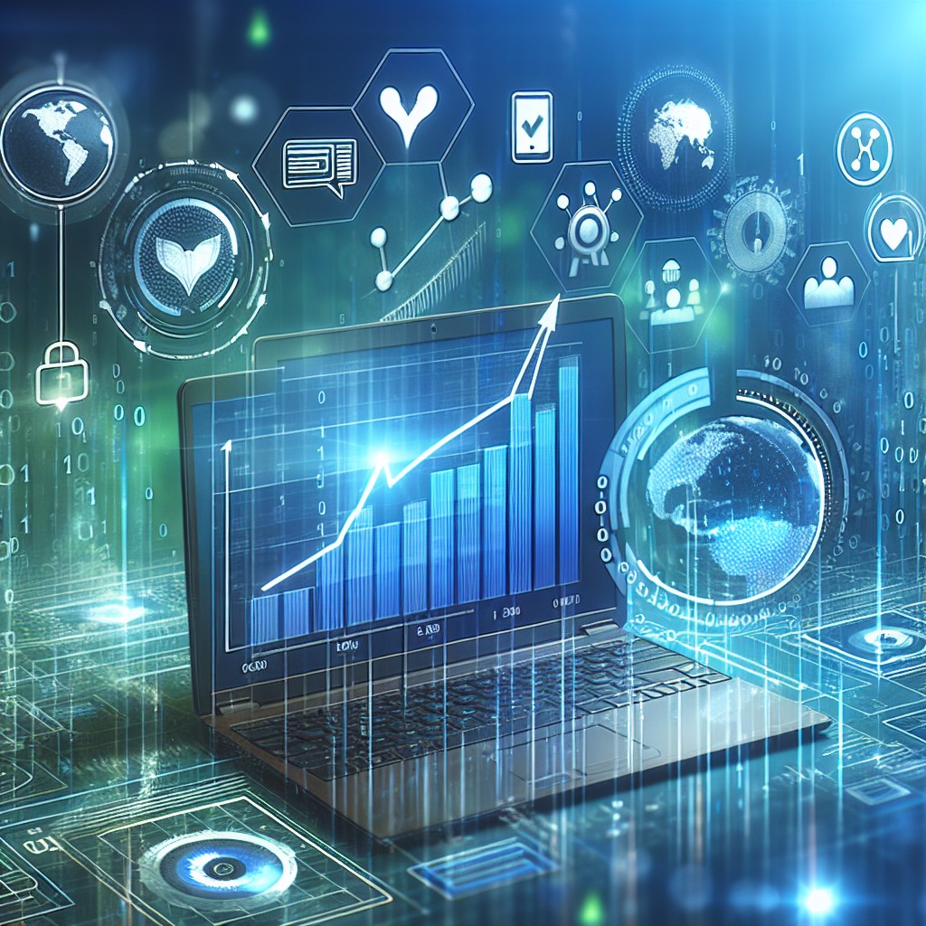 Une image attrayante représentant la croissance et la transformation digitale d'une entreprise, avec des graphiques de site web et des icônes de réseaux sociaux.