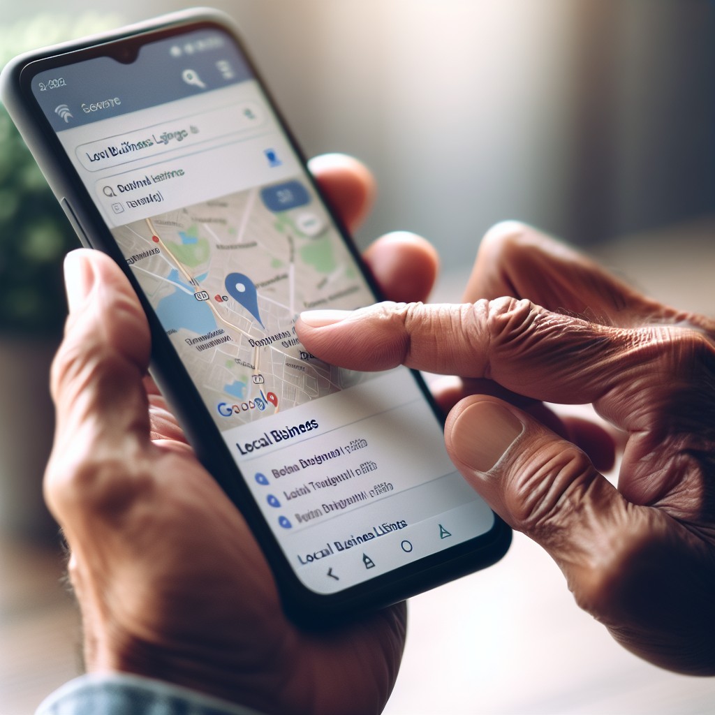 Personne utilisant un smartphone pour rechercher des entreprises locales, avec des cartes et des résultats de recherche visibles à l'écran.