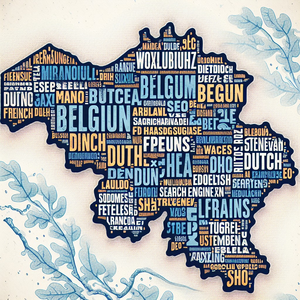 Image de couverture montrant une carte de la Belgique superposée de mots-clés en français, néerlandais, et allemand, illustrant la stratégie SEO multilingue.