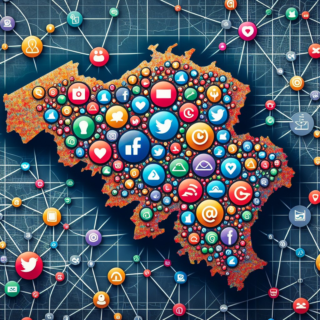 Image montrant des icônes de différents réseaux sociaux superposées sur une carte de la Belgique, symbolisant la diversité et l'importance des médias sociaux dans le pays.