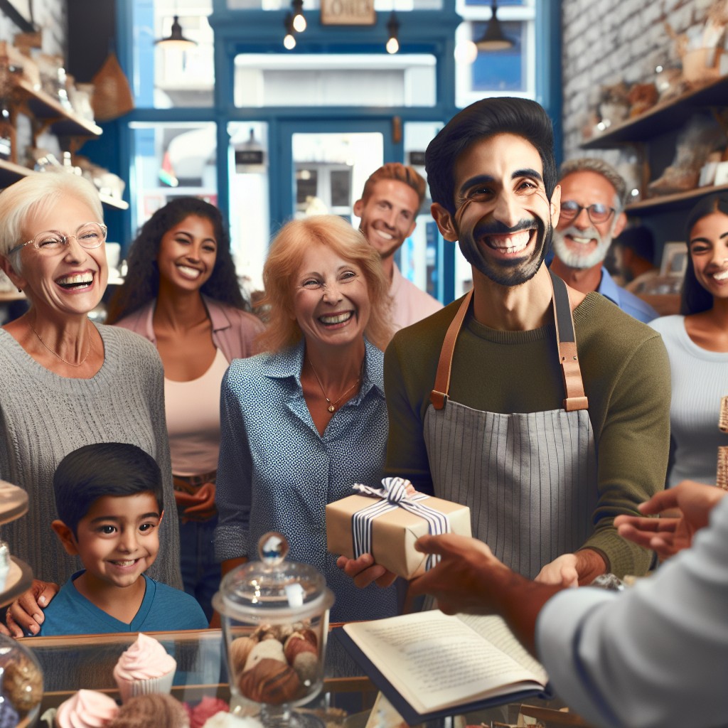 Image d'une petite boutique animée avec des clients locaux souriants, symbolisant le succès d'une stratégie de visibilité locale.