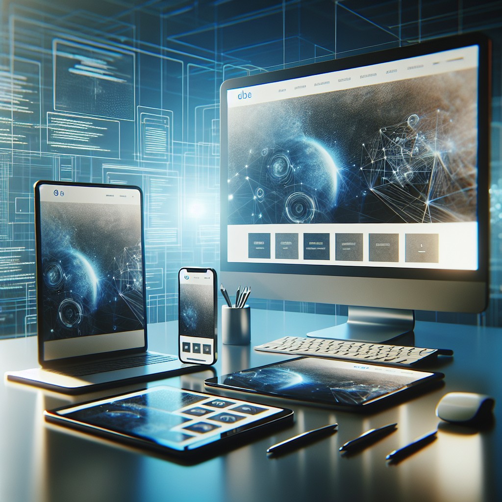 Vue moderne et captivante d'un site web sur plusieurs dispositifs : smartphone, tablette et ordinateur, avec une ambiance technologique en arrière-plan.