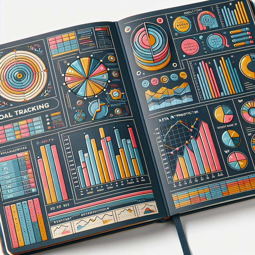 Un planificateur stylisé avec des graphiques de suivi des objectifs et des données analytiques.