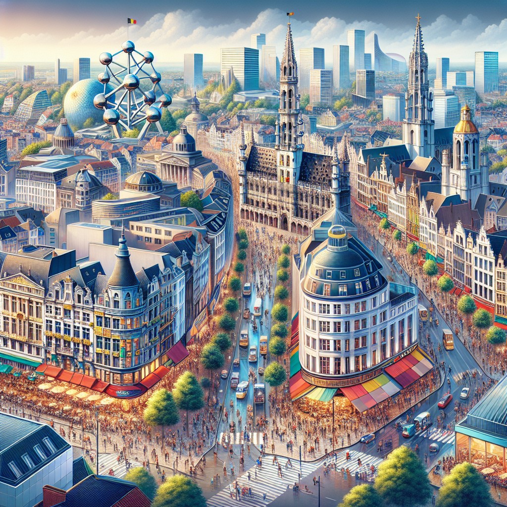 Vue panoramique de Bruxelles avec des repères culturels emblématiques et des bâtiments modernes, mettant en avant la diversité et le dynamisme de la Belgique.