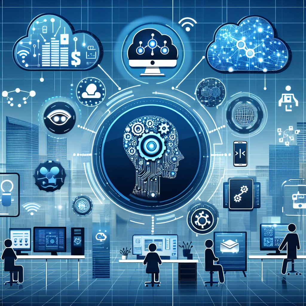 Illustration montrant des éléments numériques comme l'IA, le cloud et l'IoT intégrés dans une entreprise moderne.