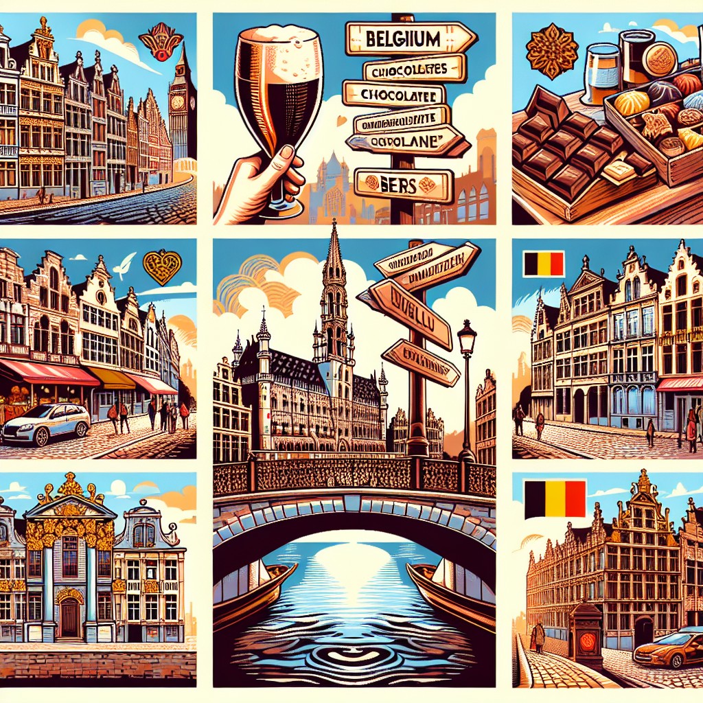 Une image représentant des éléments culturels emblématiques de la Belgique, comme des panneaux en multiple langues, des produits typiques et des paysages locaux.