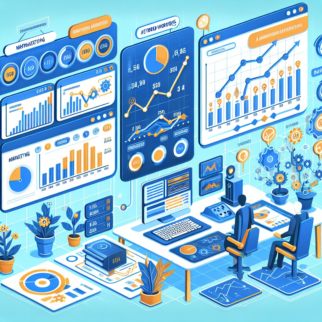 Graphique montrant un tableau de bord de marketing automation avec des flux de travail automatisés et des KPI en hausse, spécifiquement conçu pour une PME.