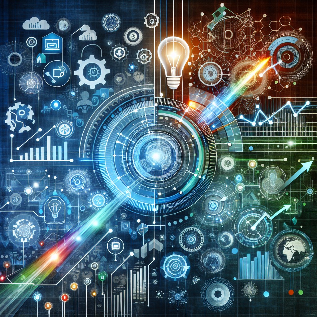 Image représentant une stratégie digitale innovante, avec des graphiques de croissance et des icônes de technologie