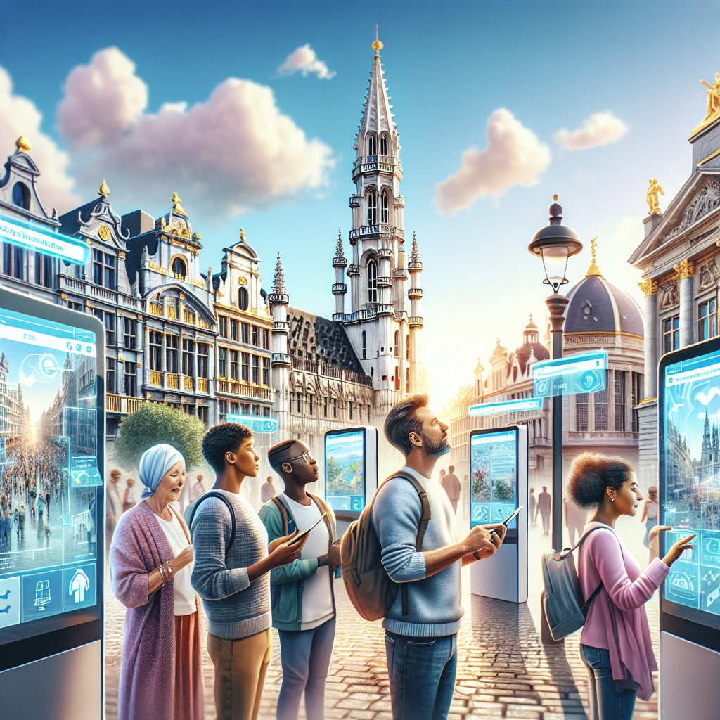 Vue numérique de Bruxelles avec des bornes interactives et des visiteurs utilisant des applications de réalité augmentée