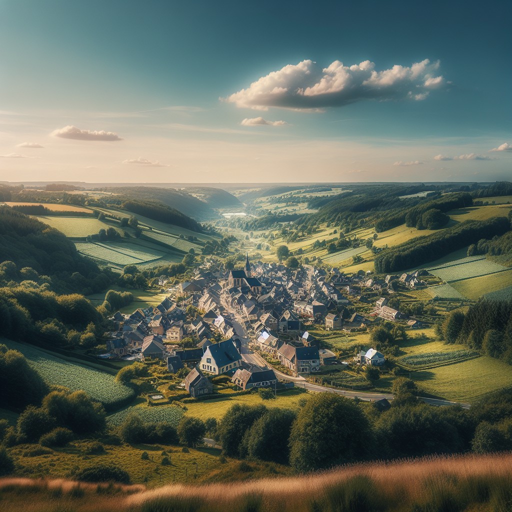 Vue panoramique sur la campagne vallonnée de la Wallonie, avec un village pittoresque et un ciel bleu dégagé.