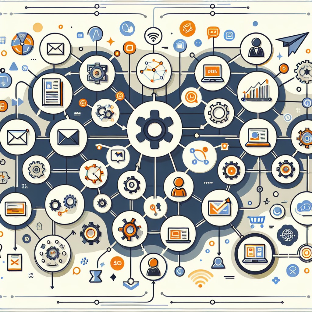 Illustration montrant des outils numériques interconnectés en symbolisant l'automatisation du marketing pour les petites entreprises.