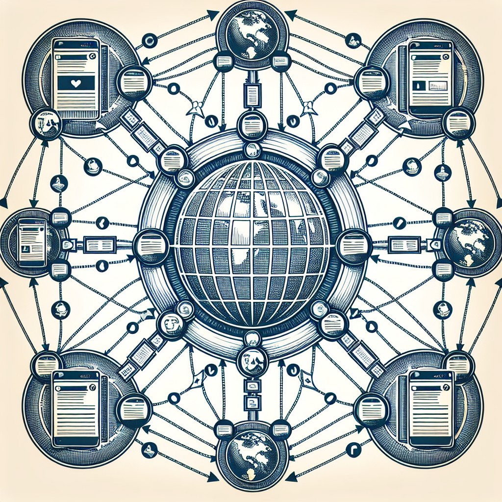 Un graphique montrant un site web connectant avec plusieurs autres sites via des liens, illustrant le concept de netlinking.