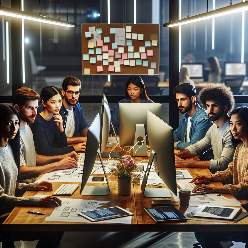 Une équipe de développeurs web travaillant sur la conception d'un site internet moderne dans un bureau.