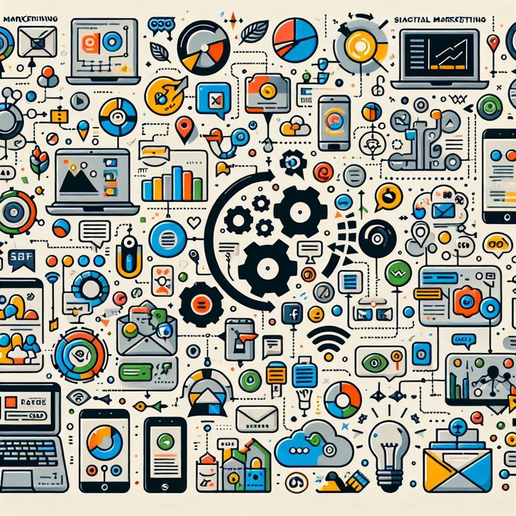 Une illustration montrant divers aspects du marketing digital pour les PME, avec des icônes représentant les réseaux sociaux, l'optimisation de sites web, et des campagnes email.