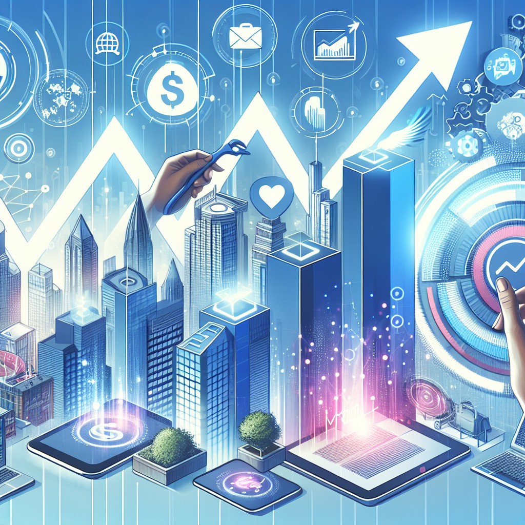 Illustration représentant des graphiques de croissance, des outils numériques et des PME modernisées, symbolisant l'importance du marketing en 2024.