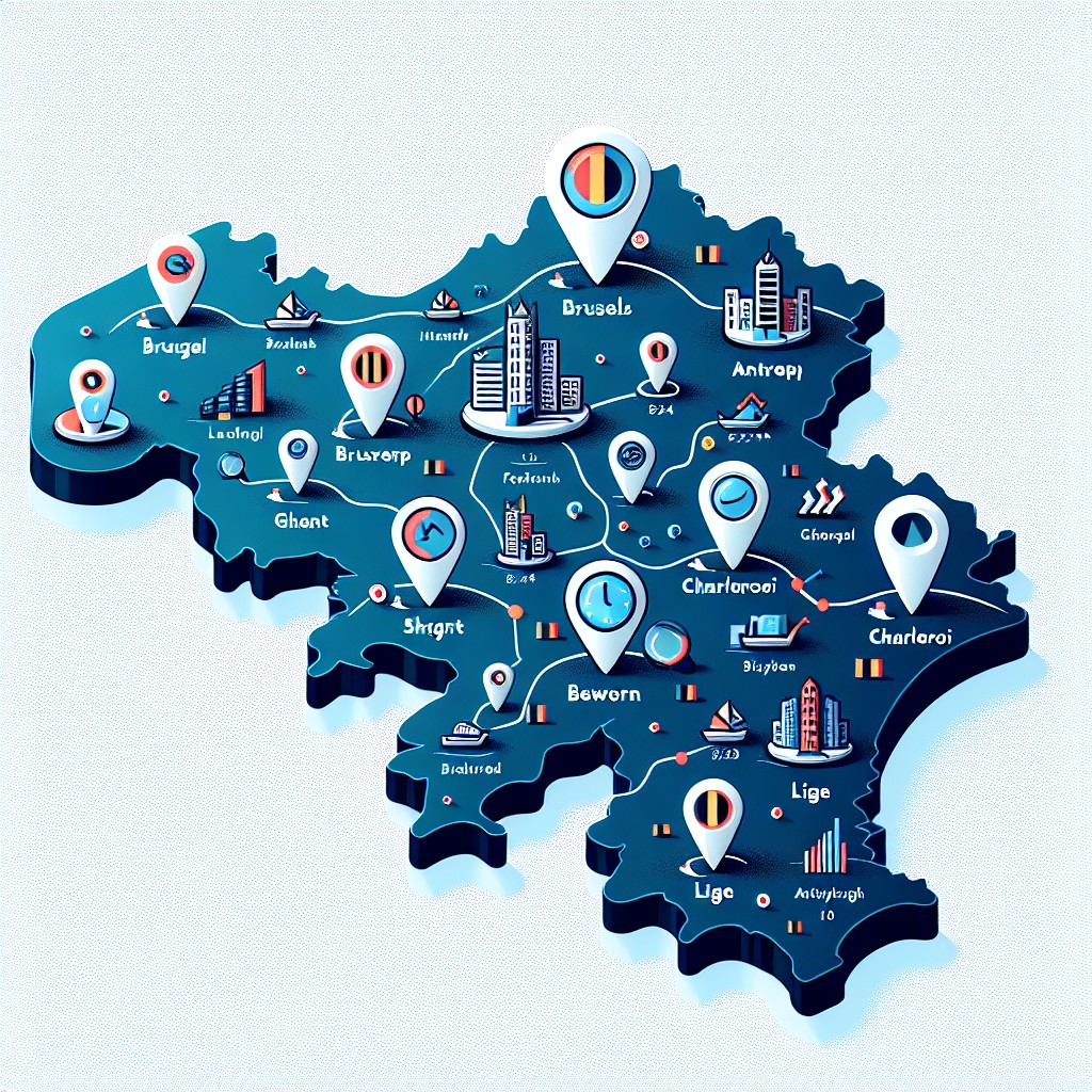 Carte de la Belgique avec des icônes SEO sur les principales villes, illustrant le thème du SEO local en Belgique pour 2024