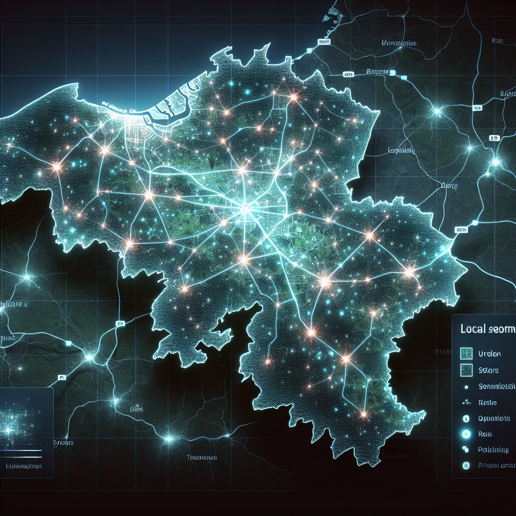 Une carte de la Belgique avec des points lumineux symbolisant l'optimisation du SEO local