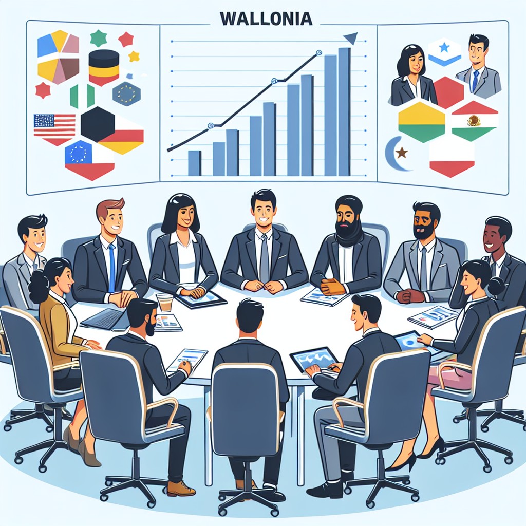 Image de plusieurs dirigeants de PME wallonnes discutant autour d'une table, avec des graphiques de croissance numérique en arrière-plan