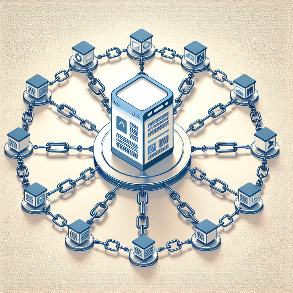 Une illustration représentant des concepts de SEO et de backlinks, mettant en évidence un site web entouré de nombreux liens entrants.