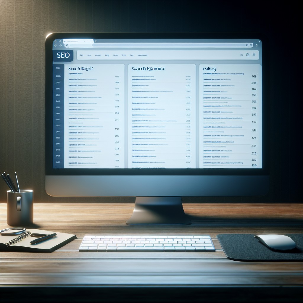 Un ordinateur affichant des résultats de recherche SEO sur son écran, symbolisant l'optimisation pour les moteurs de recherche.