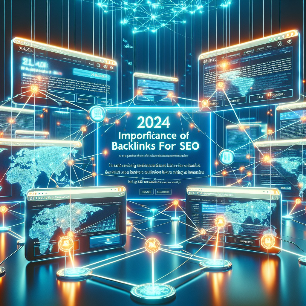 Couverture d'un article sur l'importance des backlinks pour le SEO en 2024, montrant des liens entre différents sites web.