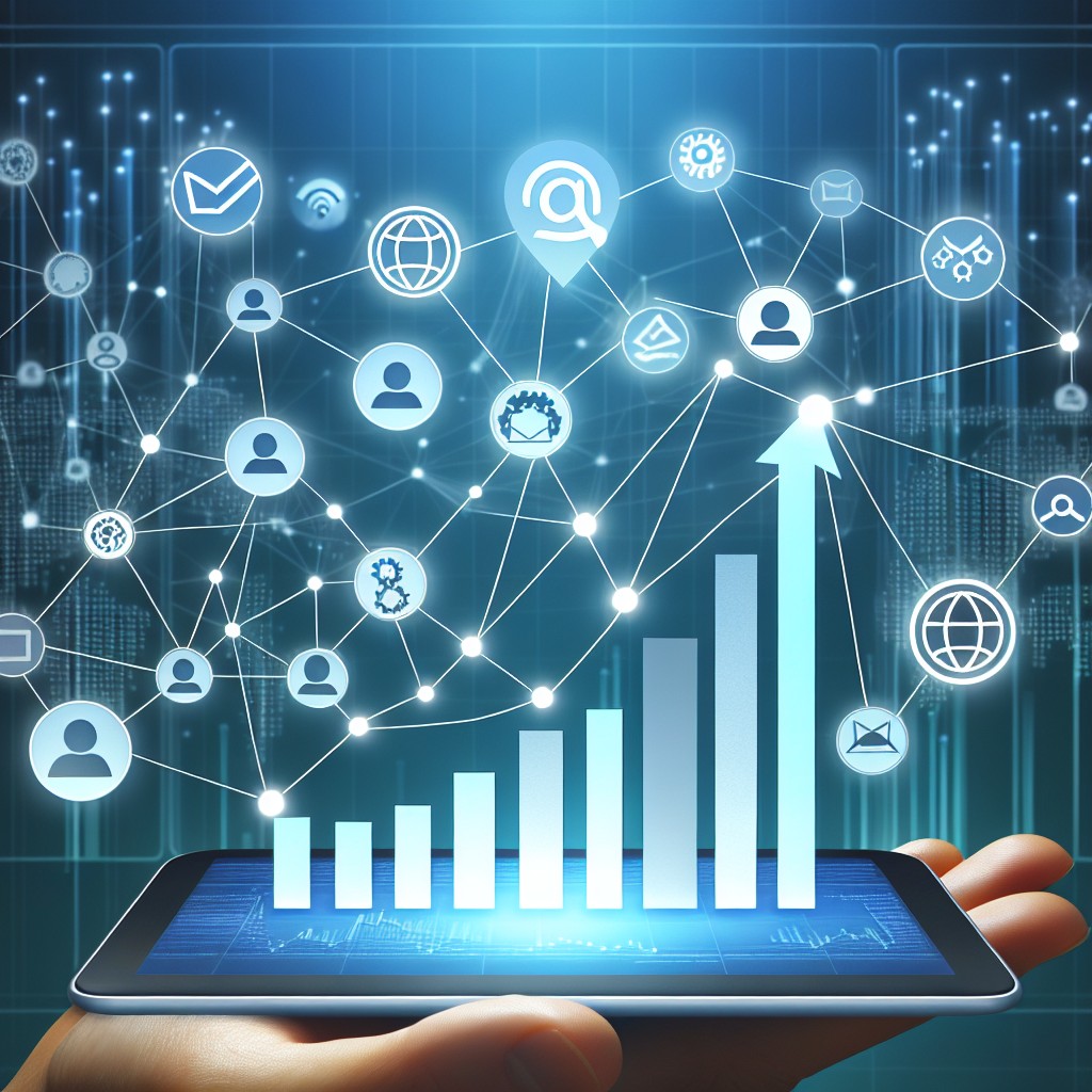 Illustration montrant un graphique de croissance avec des liens connectant divers sites web, symbolisant le concept de backlinks.